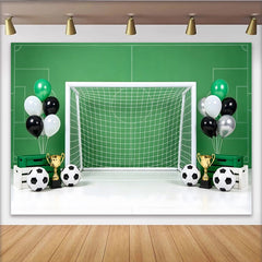 Lofaris Green Soccer Field Birthday Backdrop with Goal, Balls, Trophies and Balloons, Sports Theme Party Photography Background Decor