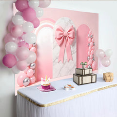 Lofaris Pink Bow Baby Shower Backdrop with Marble Arch and Balloons, Rainbow Party Background for Girl Photography