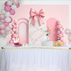 Lofaris Pink Marble Arch Birthday Backdrop with Balloons and Bow, Elegant Party Background for Girls Photoshoot and Celebration
