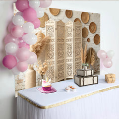 Lofaris Boho Rustic White Brick Photography Backdrop with Pampas Grass, Elegant Woven Plates and Carved Screen Background