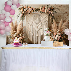 Lofaris Boho Macrame Floral Photography Backdrop with Pampas Grass and Roses, Rustic Brick Wall Background for Wedding Decor and Photoshoot