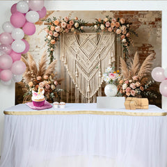 Lofaris Boho Macrame Photography Backdrop with Floral Garland and Pampas Grass, Rustic Brick Wall Background for Wedding Event Decor