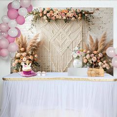 Lofaris Boho Macrame Floral Photography Backdrop with Pampas Grass and Roses, Elegant White Brick Wall Background for Wedding and Party Decor