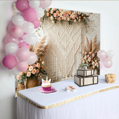 Lofaris Boho Macrame Floral Photography Backdrop with Pampas Grass and Roses, Elegant White Brick Wall Background for Wedding and Party Decor