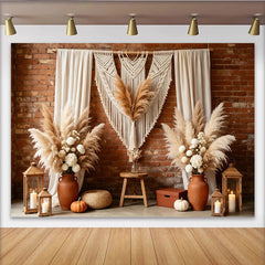 Lofaris Boho Rustic Photography Backdrop with Macrame and Pampas Grass, Brick Wall Background for Studio Photoshoot Decor