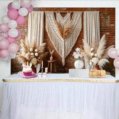 Lofaris Boho Rustic Photography Backdrop with Macrame and Pampas Grass, Autumn Fall Studio Background for Photoshoot