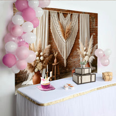 Lofaris Boho Rustic Photography Backdrop with Macrame and Pampas Grass, Autumn Fall Studio Background for Photoshoot