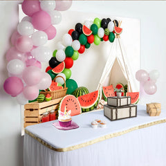 Lofaris Watermelon Birthday Backdrop with Green Red Balloons and Teepee Tent, Summer Fruit Party Photography Background Decor