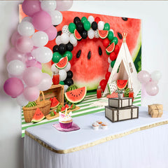 Lofaris Watermelon Birthday Backdrop with Red Green Balloons and Teepee Tent, Summer Fruit Party Decor for Photoshoot