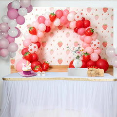 Lofaris Sweet Pink and Red Strawberry Birthday Backdrop with Balloons, Cute Party Decor for Girl's Cake Smash Photography