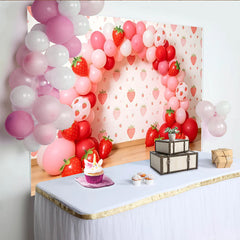 Lofaris Sweet Pink and Red Strawberry Birthday Backdrop with Balloons, Cute Party Decor for Girl's Cake Smash Photography
