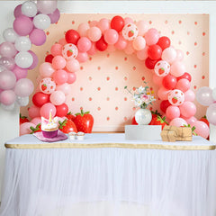 Lofaris, Pink Strawberry Birthday Backdrop with Red Balloons and Fruit Patterns, Cute Party Background for Girls Photoshoot Decor