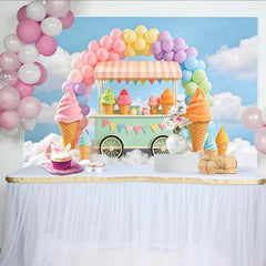 Lofaris Pastel Ice Cream Cart Birthday Backdrop with Rainbow Balloons, Sweet Dessert Shop Background for Kids Party Photoshoot