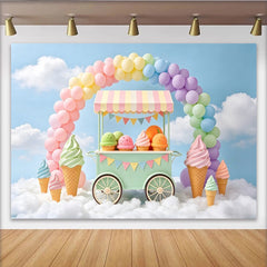 Lofaris Pastel Ice Cream Cart Rainbow Birthday Backdrop with Colorful Balloons, Sweet Party Photography Background for Kids
