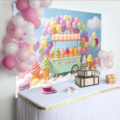 Lofaris Pastel Ice Cream Cart Birthday Backdrop with Colorful Balloons, Sweet Dessert Shop Background for Kids Party Photography