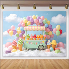 Lofaris Pastel Ice Cream Cart Birthday Backdrop with Colorful Balloons, Sweet Dessert Shop Background for Kids Party Photography