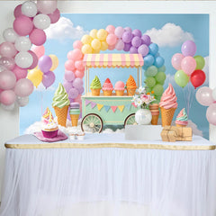 Lofaris Pastel Rainbow Ice Cream Birthday Backdrop with Sweet Cart, Dreamy Cloud Photography Background for Kids Party