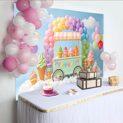 Lofaris Pastel Rainbow Ice Cream Birthday Backdrop with Sweet Cart, Dreamy Cloud Photography Background for Kids Party
