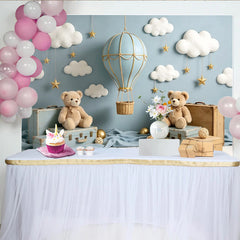 Lofaris Blue Hot Air Balloon Baby Shower Backdrop with Clouds and Stars, Cute Teddy Bear Photography Background for Newborn
