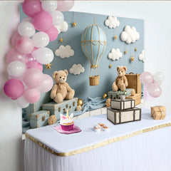 Lofaris Blue Hot Air Balloon Baby Shower Backdrop with Clouds and Stars, Cute Teddy Bear Photography Background for Newborn