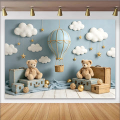 Lofaris Blue Hot Air Balloon Baby Shower Backdrop with Clouds and Stars, Cute Teddy Bear Photography Background for Newborn