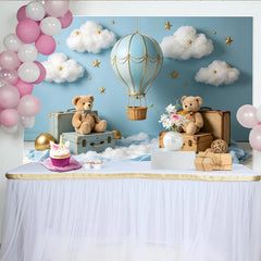 Create Blue Hot Air Balloon Baby Shower Backdrop with Clouds, Stars and Teddy Bears, Dreamy Photography Background for Newborn Party