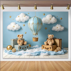 Create Blue Hot Air Balloon Baby Shower Backdrop with Clouds, Stars and Teddy Bears, Dreamy Photography Background for Newborn Party