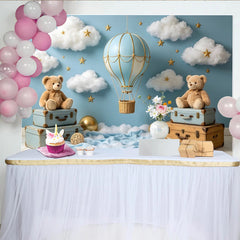 Lofaris Light Blue Hot Air Balloon Baby Shower Backdrop with Clouds and Stars, Cute Teddy Bear Background for Baby Boy or Girl Party Decor