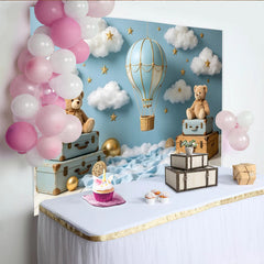 Lofaris Light Blue Hot Air Balloon Baby Shower Backdrop with Clouds and Stars, Cute Teddy Bear Background for Baby Boy or Girl Party Decor