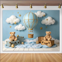 Lofaris Blue Hot Air Balloon Photography Backdrop for Baby Photoshoot, Dreamy Cloud and Star Studio Background with Teddy Bears