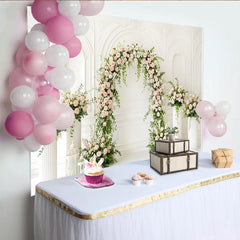 Lofaris Elegant White Arch Floral Photography Backdrop with Pink Roses, Beautiful Wedding Photo Background for Bridal Shower Party Decor