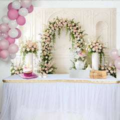 Lofaris Floral Arch Wedding Backdrop with Pink Roses and Greenery, Classic White Wall Background for Bridal Shower, Engagement, Party