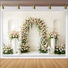 Lofaris Floral Arch Wedding Backdrop with Pink Roses and Greenery, Classic White Wall Background for Bridal Shower, Engagement, Party