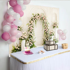 Lofaris Elegant Pink and White Rose Floral Arch Photography Backdrop, White Paneled Wall Background for Wedding Photoshoot, Studio Portrait