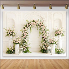 Lofaris Elegant Pink and White Rose Floral Arch Photography Backdrop, White Paneled Wall Background for Wedding Photoshoot, Studio Portrait