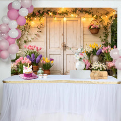 Lofaris Rustic White Door Spring Garden Photography Backdrop, Blooming Flowers and String Lights Photo Booth Prop