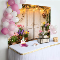 Lofaris Rustic White Door Spring Garden Photography Backdrop, Blooming Flowers and String Lights Photo Booth Prop