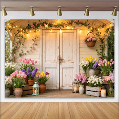 Lofaris Rustic White Door Spring Garden Photography Backdrop, Blooming Flowers and String Lights Photo Booth Prop
