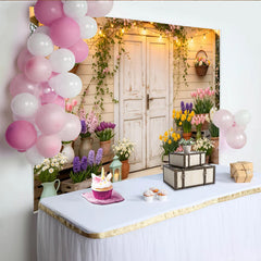 Lofaris Rustic White Door Spring Floral Photography Backdrop with String Lights, Cozy Garden Scene Background for Photoshoots and Party Decor