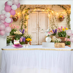 Lofaris Rustic Spring Floral Porch Photography Backdrop with White Door, Blooming Flowers and String Lights Garden Photo Background
