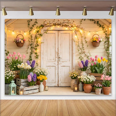 Lofaris Rustic Spring Floral Porch Photography Backdrop with White Door, Blooming Flowers and String Lights Garden Photo Background