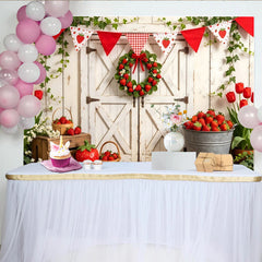 Lofaris Rustic White Barn Door Strawberry Farm Photography Backdrop, Fresh Fruit Harvest Photo Booth Background for Spring Summer Events