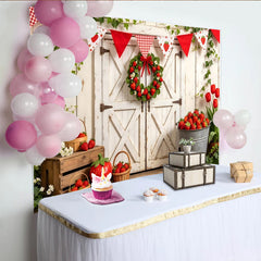 Lofaris Rustic White Barn Door Strawberry Farm Photography Backdrop, Fresh Fruit Harvest Photo Booth Background for Spring Summer Events
