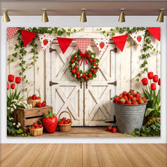 Lofaris Rustic White Barn Door Strawberry Farm Photography Backdrop, Fresh Fruit Harvest Photo Booth Background for Spring Summer Events