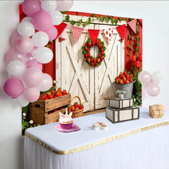 Lofaris Rustic Red Barn Strawberry Farm Photography Backdrop, Fresh Fruit Theme Photo Background for Spring Summer Party Decor