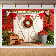 Lofaris Rustic Red Barn Strawberry Farm Photography Backdrop, Fresh Fruit Theme Photo Background for Spring Summer Party Decor