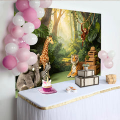 Lofaris Lush Green Safari Jungle Photography Backdrop with Wild Animals, Sunlit Forest Background for Kids' Birthday Party