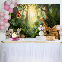 Lofaris Lush Green Safari Jungle Animal Birthday Backdrop with Cute Stuffed Creatures, Wild One Party Photography Background