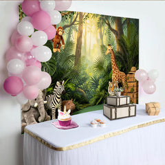 Lofaris Lush Green Safari Jungle Animal Birthday Backdrop with Cute Stuffed Creatures, Wild One Party Photography Background