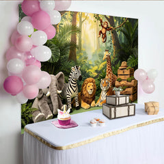Lofaris Lush Green Jungle Animal Photography Backdrop with Safari Animals, Vibrant Forest Theme Background for Kids Photoshoot